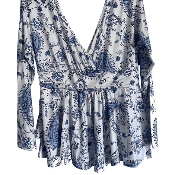 Plus Size V-Neck Banded Waist Layered Promenade Boho Blue Paisley Floral Top - Picture 5 of 8
